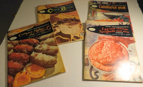 4 1958 GOOD HOUSEKEEPING COOKBOOKS CAKE SPAGHETTI CASSEROLE &  BUFFETS GREAT