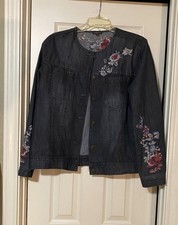 Hannah Women's Classic Size Large Floral Embroidered Denim Jacket Gray