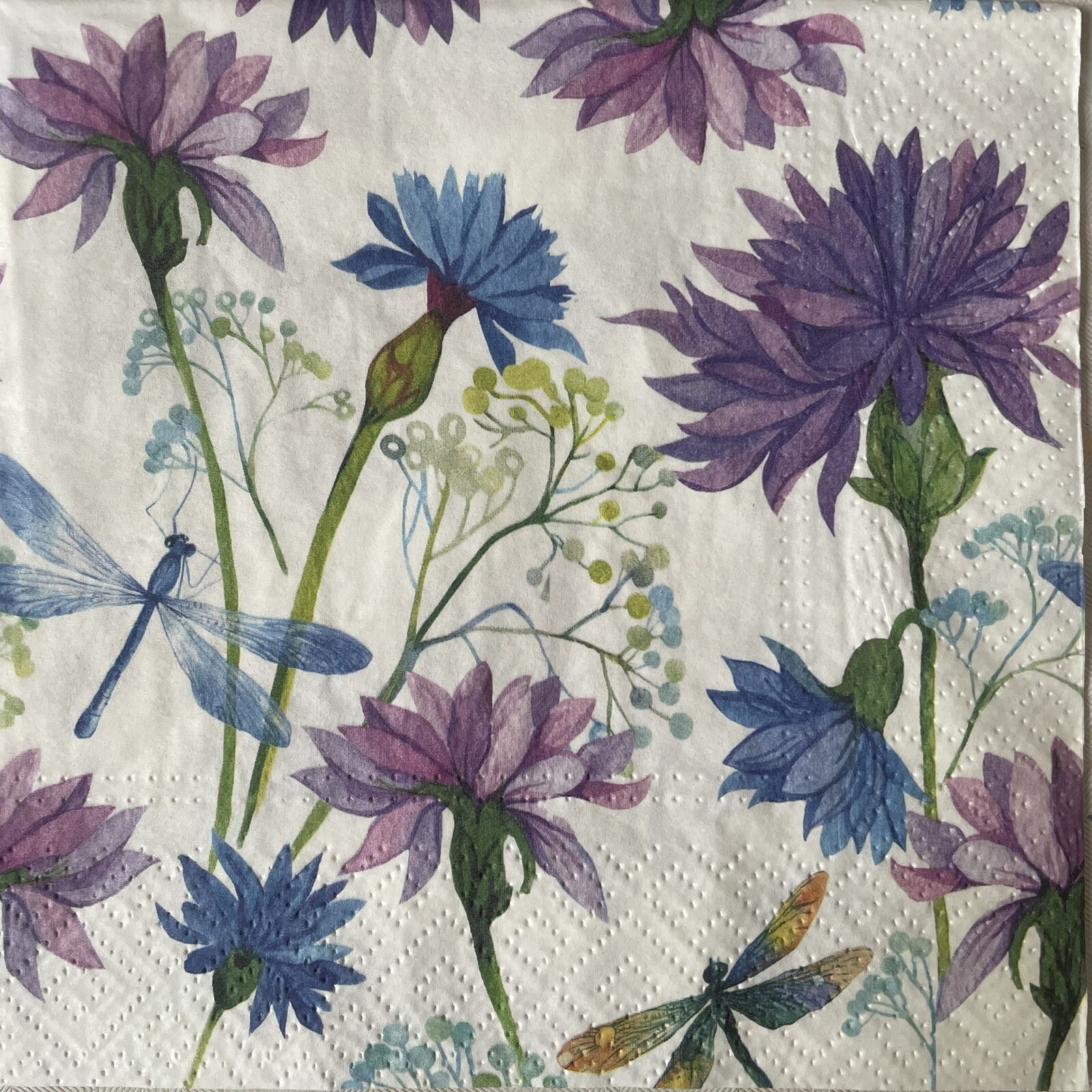 4 Luncheon paper napkins Cornflower With Dragonfly Wildflowers for decoupage