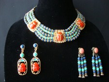 Vtg Signed Hattie Carnegie Rare Egyptian Revival Scarab Necklace + 2 Pr Earrings