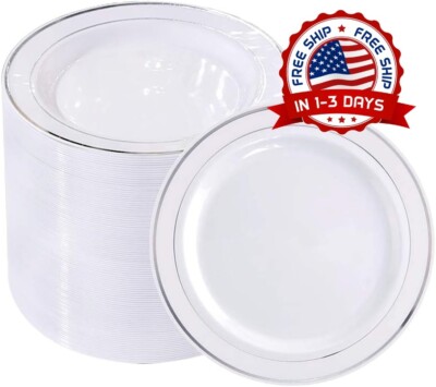 Platos De Plastico Para Fiesta De Boda Borde Blanco Plateado 100 Platos 