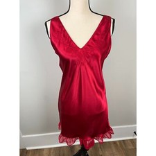 Vtg Amanda Stewart Slip Dress Nightgown Satin Red Ruffles Embroidered S V-Neck