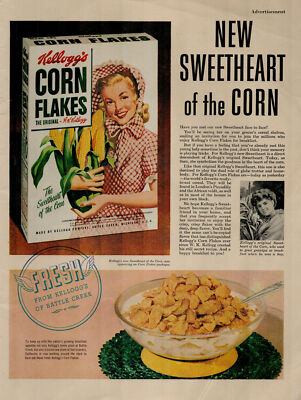 1953 Kelloggs Corn Flakes Bowl of Cereal Women Holding Corn Vtg. Print Ad 1306