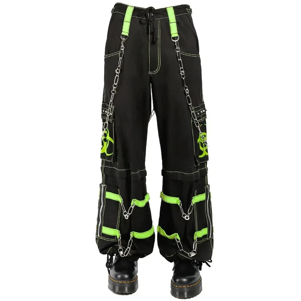 Mens Gothic Black Lime Bondage Reflective Biohazard Symbol Pant Shorts