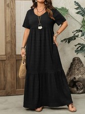 Plus Size Women's Elegant V-Neck Short Sleeve Black Dress - Lightweight Breathab