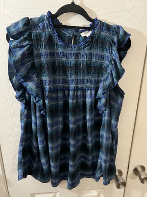 Beachlunchlounge Adult Shirt XL Blue Lori Plaid Flutter Sleeve Babydoll Women's