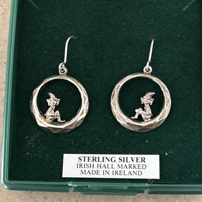 Irish Sterling Silver Vintage Dangle Earrings Leprechaun Pixie Elf Brownie w/Box