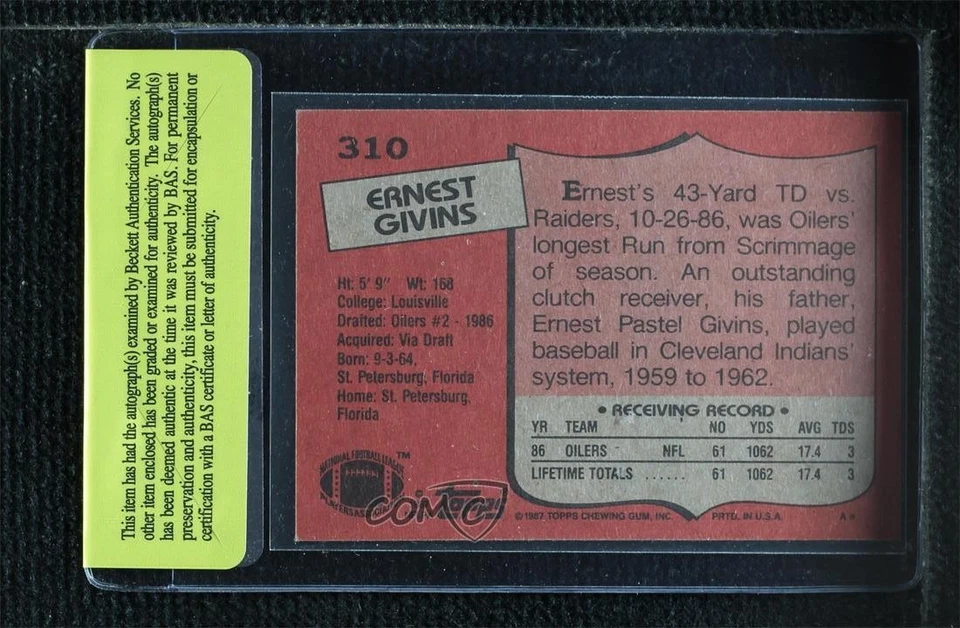 BAS 1987 Topps Ernest Givins #310 Authentic Auto Rookie RC - Image 2 of 2