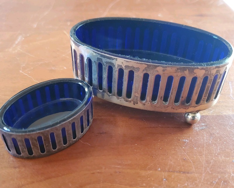 2 Sterling Silver Open Oval Salt Dip Cellars with Cobalt Blue Glass Liners