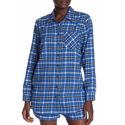 Free Press Women's Plaid Flannel Night Shirt in Blue Marmara Rose Plaid Medium