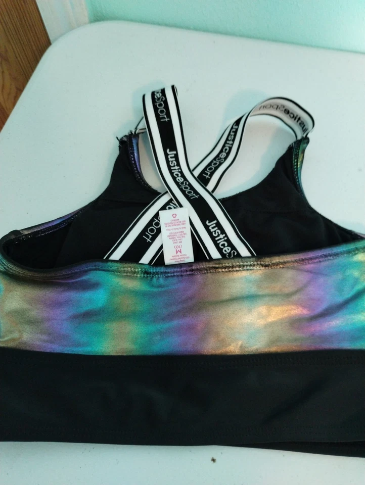 Justice Sport Girls Tankini Sz (10) Metallic- Black- Logo- Padded-wide Staps - Image 4 of 4
