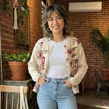 Vintage Heirloom Collectables Cardigan Sweater Embroidery Hearts Floral Women XL