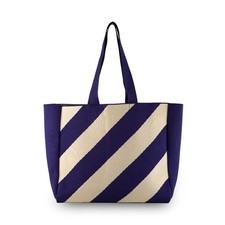 Borsa tote lavorata a maglia righe oblique 36x32 cm blu e panna