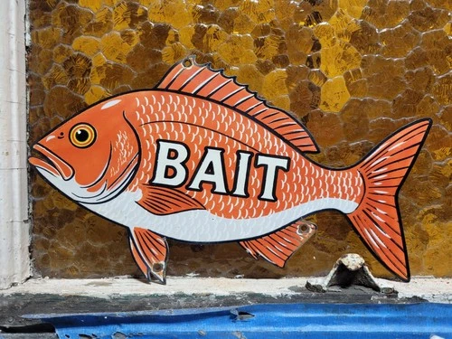 VINTAGE FISHING PORCELAIN SIGN OLD BAIT SHOP SNAPPER FISH TACKLE SPORTING SHOP