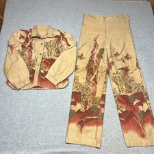 Tru Vintage 60s kids two piece button up Shirt pants hand painted Tigers Flowers