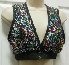 Multicolor Sequin Black snap front sleeveless crop jacket dance Costume ch/A