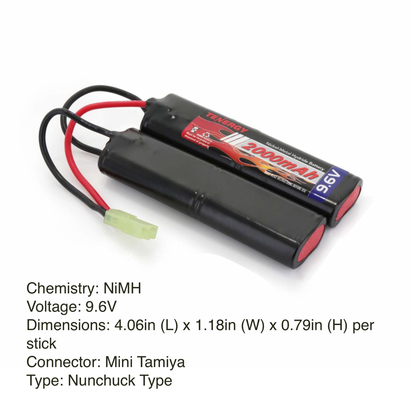 Tenergy 9.6V NiMH Airsoft 1600mAh & 2000mAh Battery Pack wit