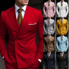Men's Solid Business Wedding Suits 2 Piece Slim Fit Double Breasted Jacket Pant