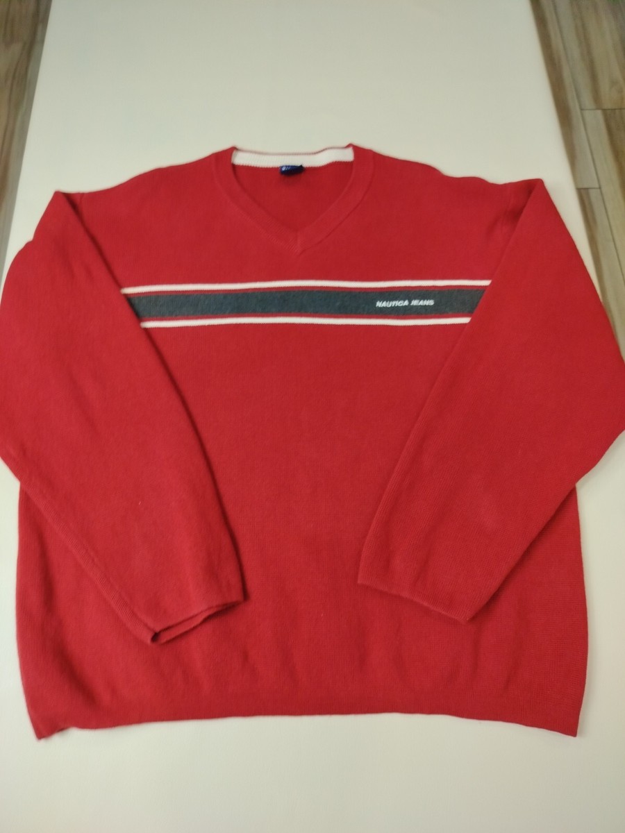 Nautica Jeans Co Knit Sweater Men's Size XL/TgRed Long Sleeve V