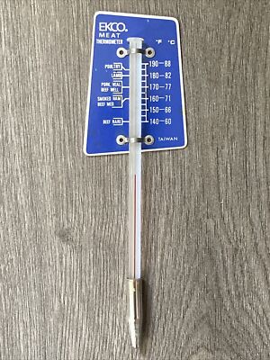Vintage 90s Ekco Meat Thermometer Blue Aluminum & Glass Beef Roasts Pork Poultry