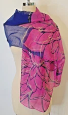 Charming Charlie Brand- Blue & Fuchsia Dahlia Flowers Edged In Gold- Scarf/Wrap