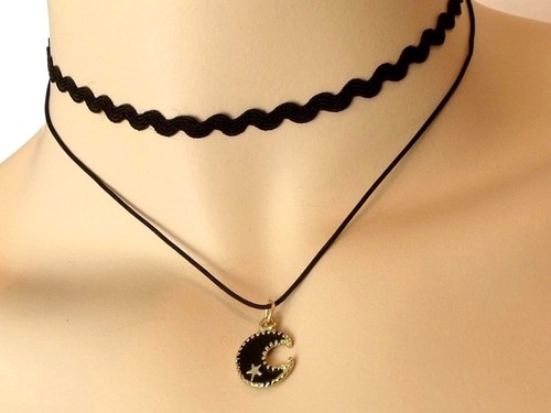 Wave Black Choker Necklace w/ Half Moon Star Pendant Black w\ Gold Accent - Picture 3 of 3