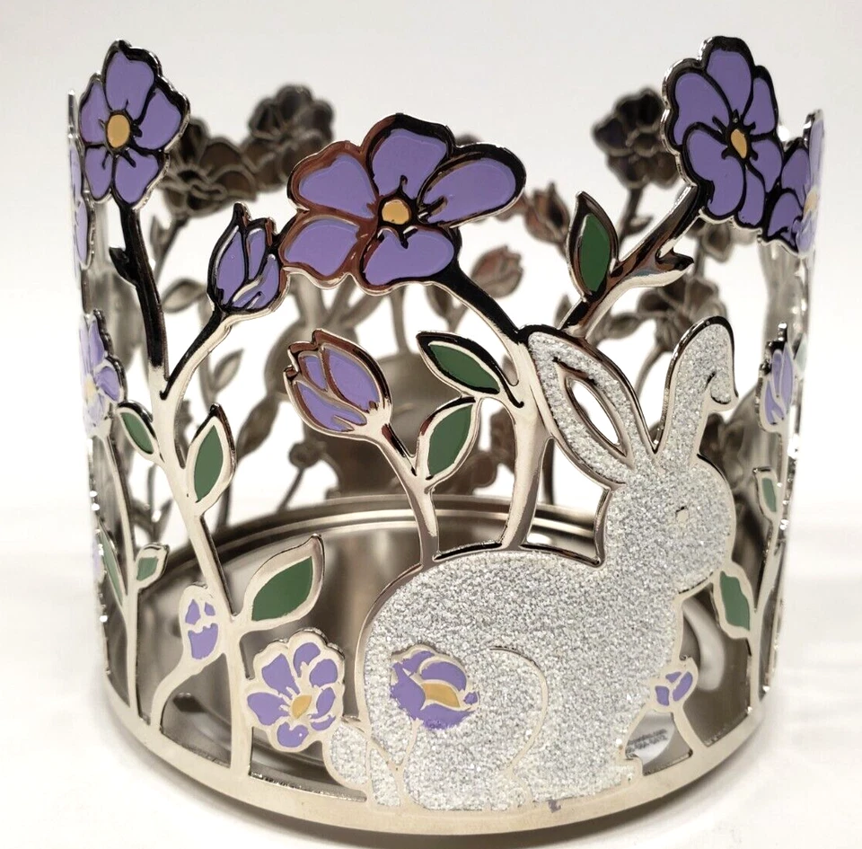 NEW! Bath & Body Works WHITE BUNNIES PURPLE FLOWERS 3-wick Candle Holder Sleeve - Image 3 of 4