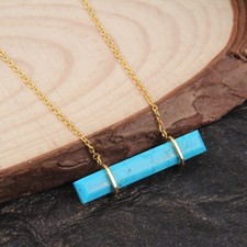 Genuine Turquoise Rectangle Bar Pendant Necklace in 925 Silver Gift For Women's