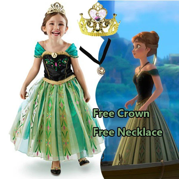 Girl Anna  Frozen Costume Dress Party with Tiara and Necklace size 3-11 Years