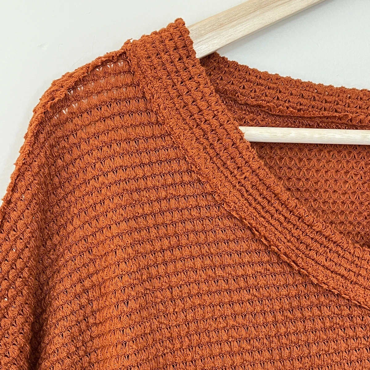 Womens Pullover V Neck Burnt Orange Waffle Knit Sweater Peasant