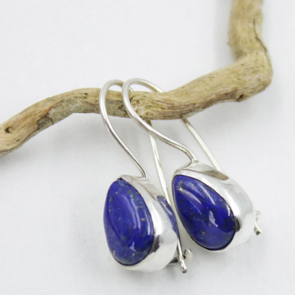 Lapislazzuli Orecchini Pendenti Argento Sterling 925 Gocce Moderno Cabochon Hv - Immagine 3 di 4