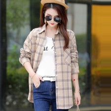 Lady Long Sleeve Plaid Shirt Blouse Tops Loose Button Down Check Show Thin Top