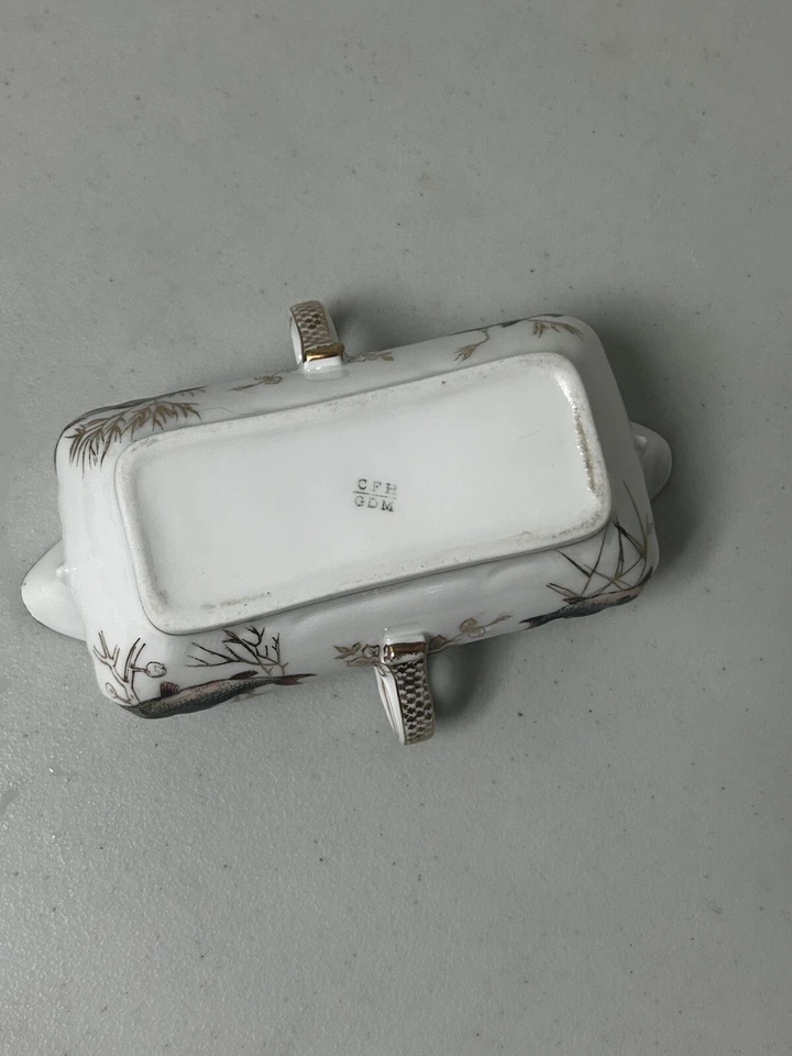 Barco de molho branco real vintage CFH GDM Limoges França aro dourado e design de peixe - Imagem 4 de 4