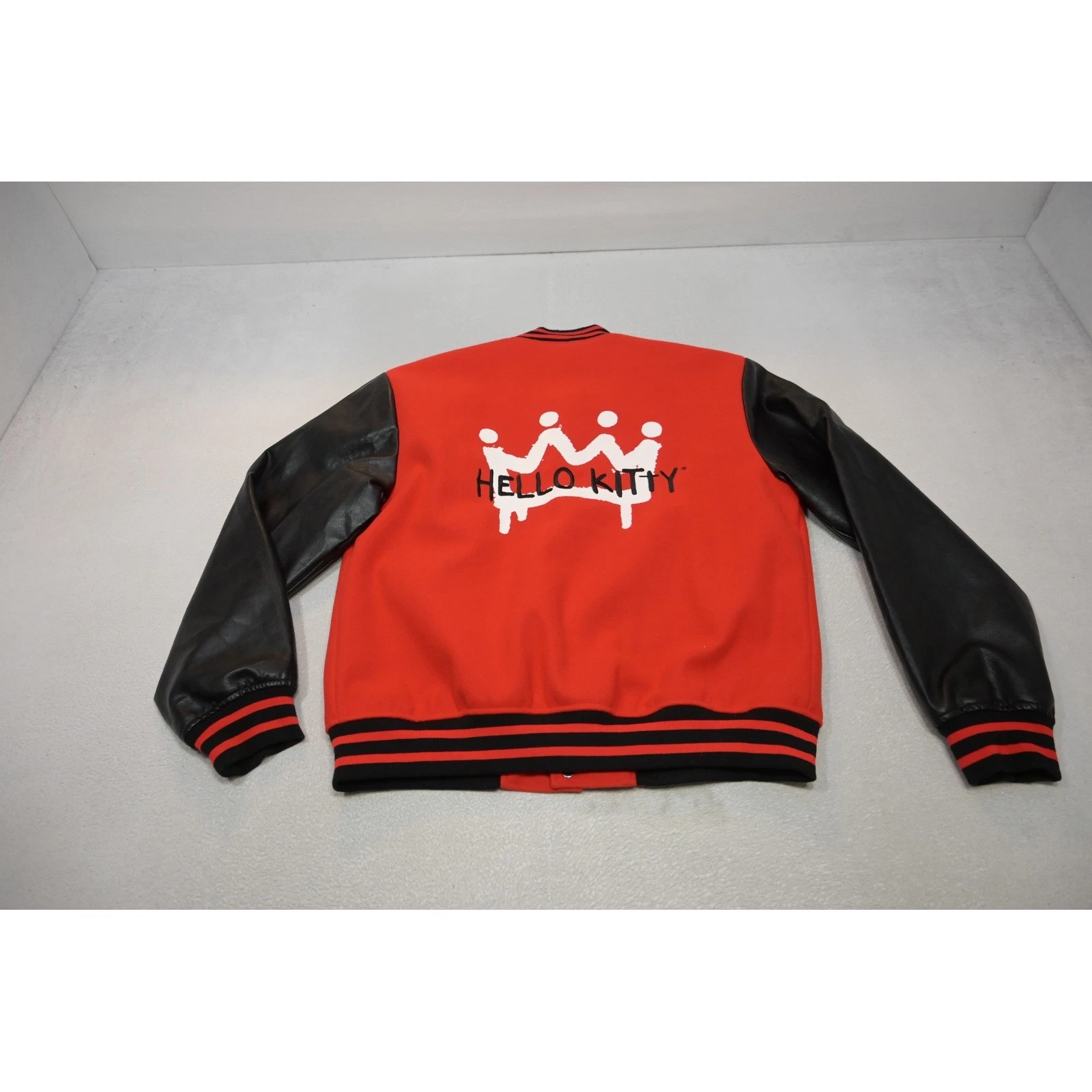 Forever 21 Hello Kitty Varsity Jacket Mens Large Red Black Faux Leather EUC image 1