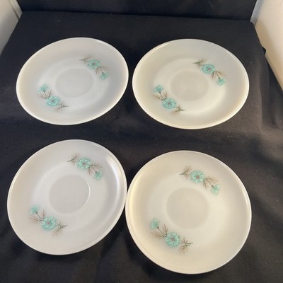 Anchor Hocking Fire King Bonnie Blue Saucer Plate Milk Glass Blue Flower-set 4