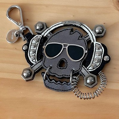 Prada Black Saffiano Leather Skull Studded Keyring Charm Sunglasses Headphones