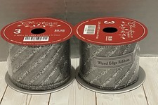NEW lot of 2 rolls silver diagonal glitter stripes wired edge ribbon 2.5" x 30  