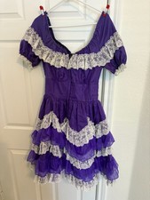 VINTAGE 1960-70'S SQUARE DANCING DRESS, BLUE WAVES/RUFFLES. SIZE 12