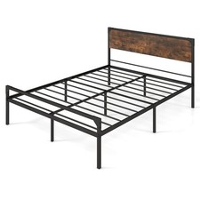 Queen Size Metal Bed Frame Platform with Wooden Headboard No Box Spring Needed