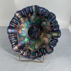 Fenton Cobalt Carnival Glass Crimped Bowl 8.5" Across Grapes & Leaves Vintage