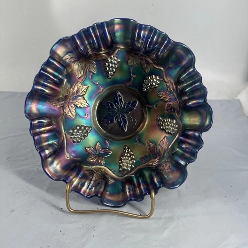 Fenton Cobalt Carnival Glass Crimped Bowl 8.5" Across Grapes & Leaves Vintage