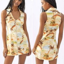 Palm Tree Rainbow Print Linen Micro Mini Dress - Urban Outfitters Freya