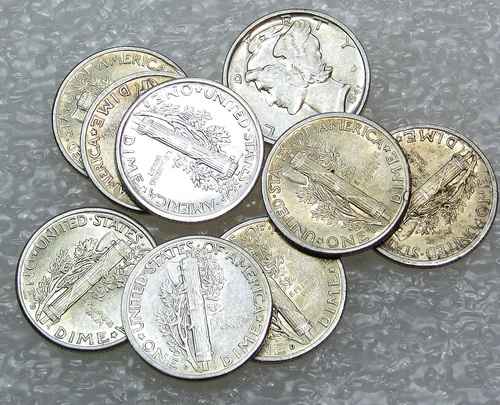 1941 P, D, S MERCURY Dime XF-AU Nice Luster lot of 9 coins in saflip #H234