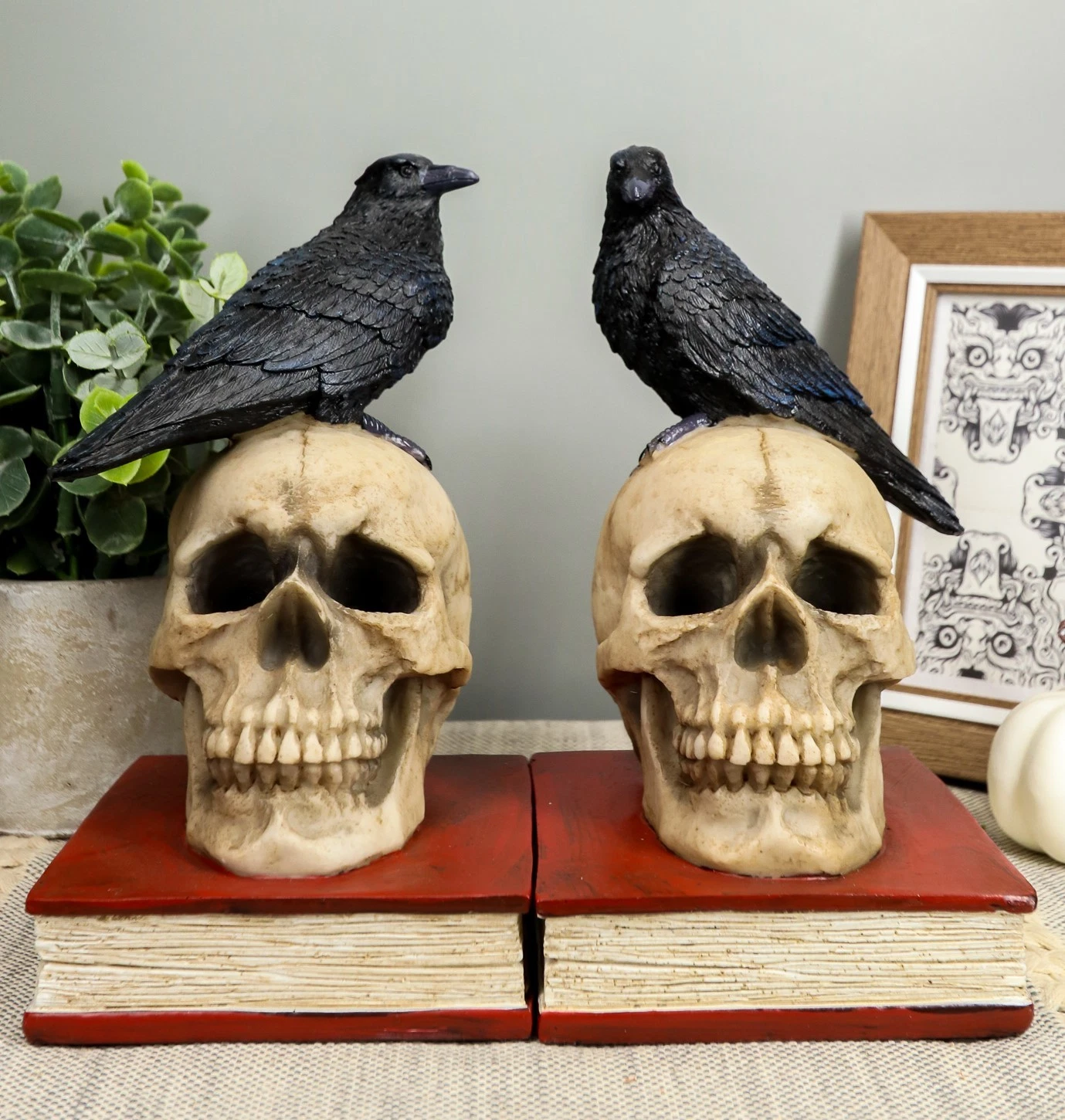 Raven Crow Perching On Skull With Ancient Book Bookends Set - Thumbnail 5
