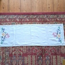 Machine Embroidered Coulourful Vintage Cut work Linen Runner 33ins Wide x 11ins
