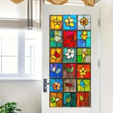 Stained Glass Window Film Colorful Lattice Floral Leaf Window Privacy Film Gl...