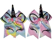 Two Large Unicorn Magic Deluxe Hair Bow Rainbow Tie Dye Elastic NEW Horn