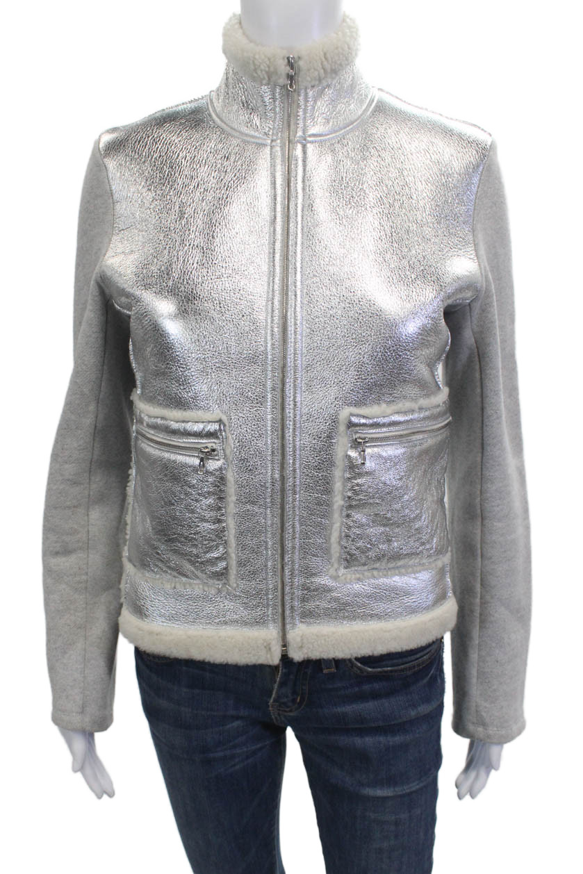 Majestic Filatures Women Bomber Jacket Gray Leather High Neck Zip Size 1Free Shipping in US $100+ Orders | $6.95 Orders Below