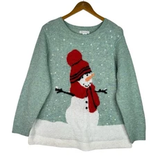 Cupcakes and Cashmere Snowman Christmas Sweater Green Red Scarf Womens 1X Knit