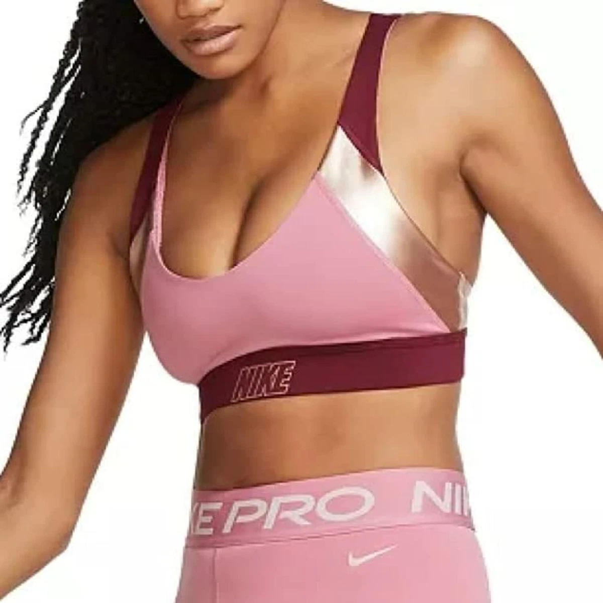 Nike 275903 Women's Indy Metallic Low Impact Sports Bra, XS, Pink/gold/Fig